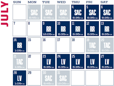 Reno Aces baseball game schedule - July, 2024