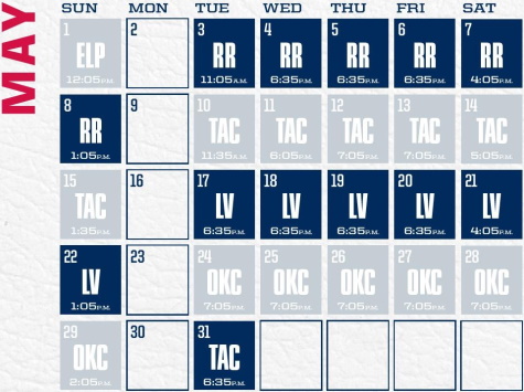Reno Aces baseball game schedule - May, 2022