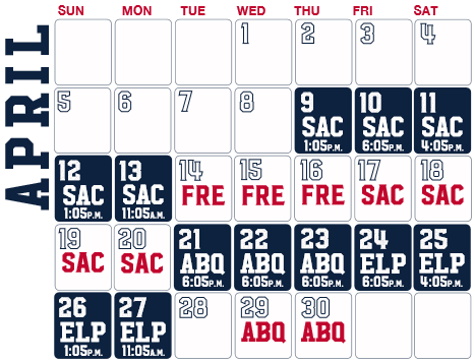 Reno Aces Baseball Game Schedule - April, 2020