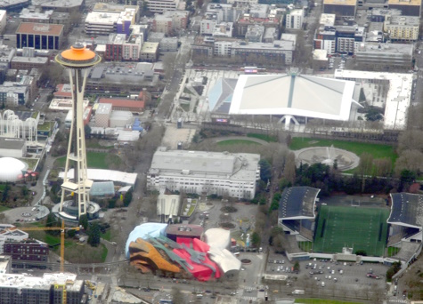 Seattle,Washington,downtown,Space,Needle,museum,pop,culture,aerial,airliner
